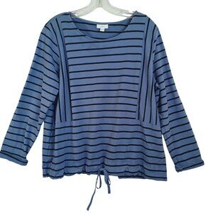 J Jill Fit Top Blue Stripe French Terry Pullover Drawstring Womens Medium